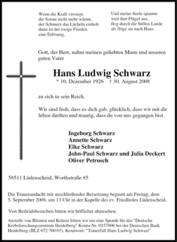 Traueranzeige von Hans Ludwig Schwarz von Tageszeitung
