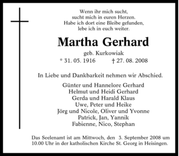 Traueranzeige von Martha Gerhard von Tageszeitung