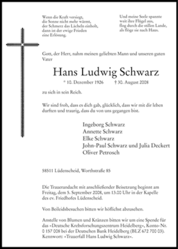 Traueranzeige von Hans Ludwig Schwarz von Tageszeitung