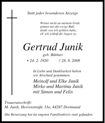 Traueranzeige von Gertrud Junik von Tageszeitung