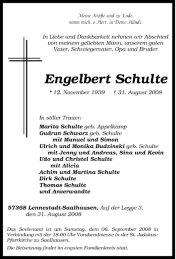Traueranzeige von Engelbert Schulte von Tageszeitung