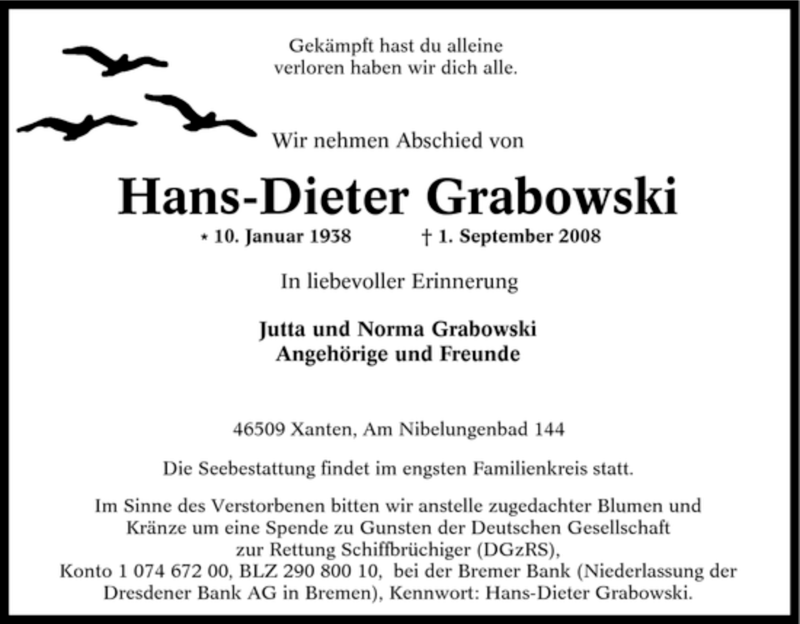  Traueranzeige für Hans-Dieter Grabowski vom 03.09.2008 aus Tageszeitung