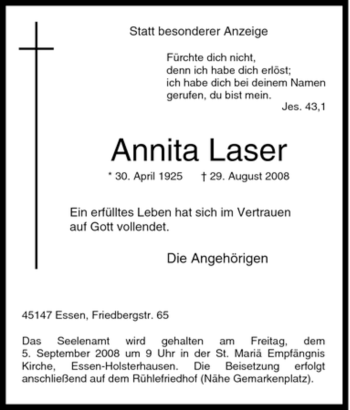 Traueranzeige von Annita Laser von Tageszeitung
