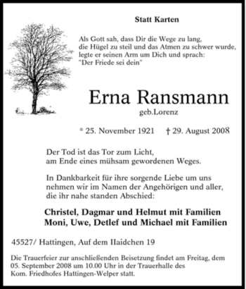 Traueranzeige von Erna Ransmann von Tageszeitung