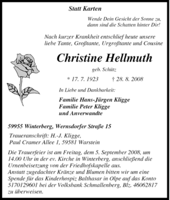 Traueranzeige von Christine Hellmuth von Tageszeitung