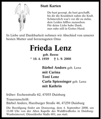 Traueranzeige von Frieda Lenz von Tageszeitung