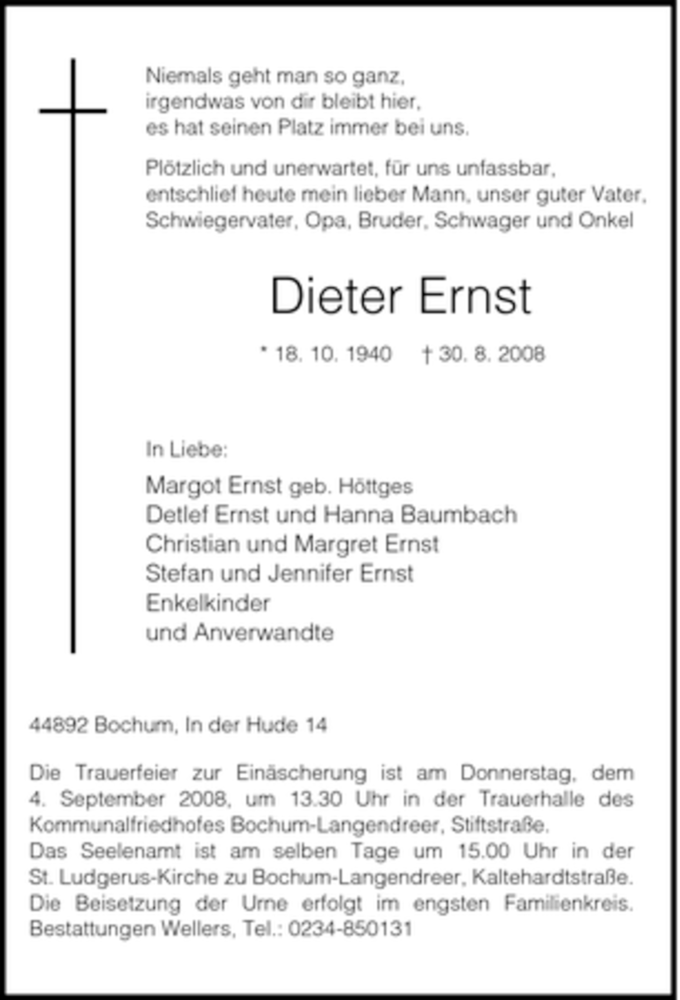 Traueranzeigen Von Dieter Ernst | Trauer-in-NRW.de