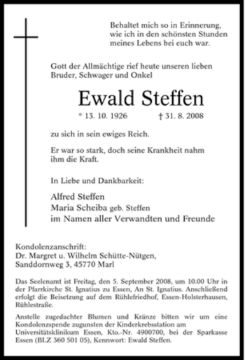 Traueranzeige von Ewald Steffen von Tageszeitung