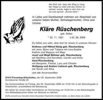 Traueranzeige von Kläre Rüschenberg von Tageszeitung