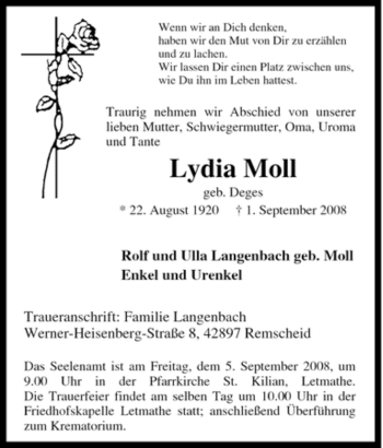 Traueranzeige von Lydia Moll von Tageszeitung