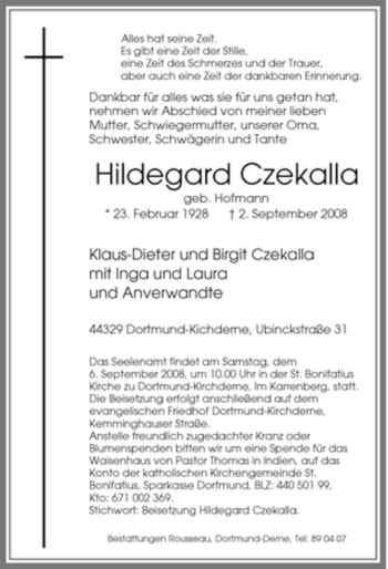 Traueranzeige von Hildegard Czekalla von Tageszeitung