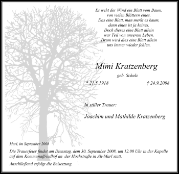 Traueranzeige von Mimi Kratzenberg von Tageszeitung