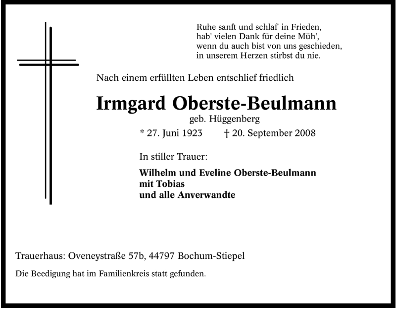  Traueranzeige für Irmgard Oberste-Beulmann vom 26.09.2008 aus Tageszeitung