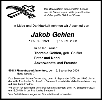 Traueranzeige von Jakob Gehlen von Tageszeitung