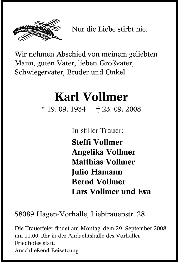  Traueranzeige für Karl Vollmer vom 26.09.2008 aus Tageszeitung