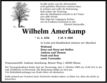 Traueranzeige von Wilhelm Amerkamp von Tageszeitung