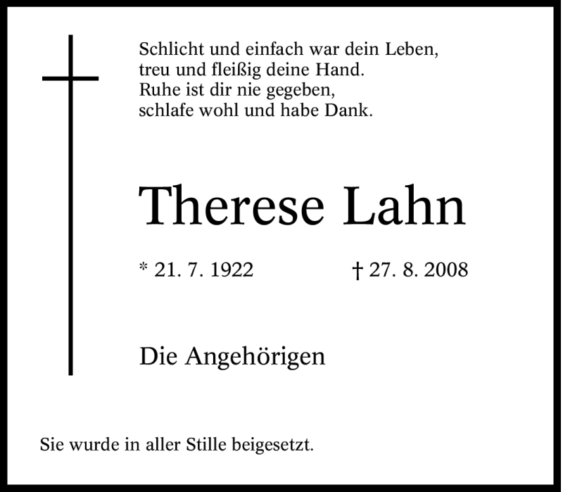  Traueranzeige für Therese Lahn vom 06.09.2008 aus Tageszeitung