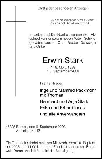 Traueranzeige von Erwin Stark von Tageszeitung