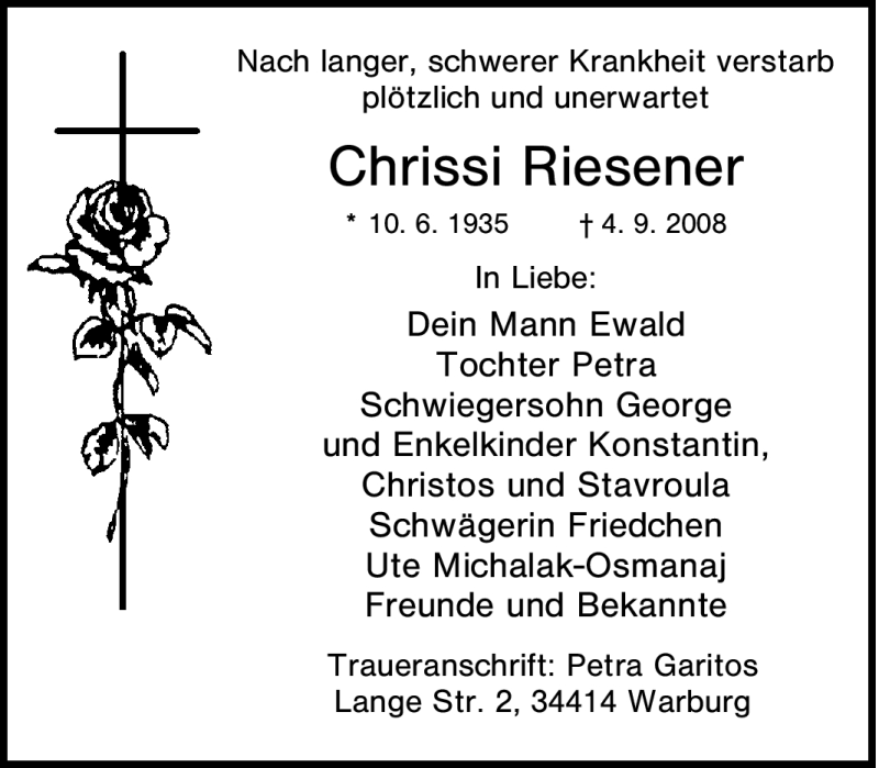  Traueranzeige für Chrissi Riesener vom 06.09.2008 aus Tageszeitung