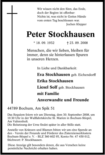 Traueranzeige von Peter Stockhausen von Tageszeitung