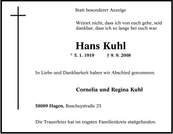 Traueranzeige von Hans Kuhl von Tageszeitung
