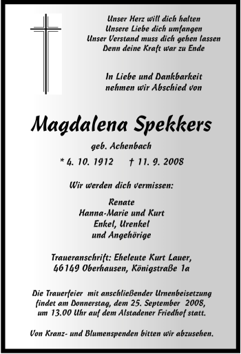 Traueranzeige von Magdalena Spekkers von Tageszeitung