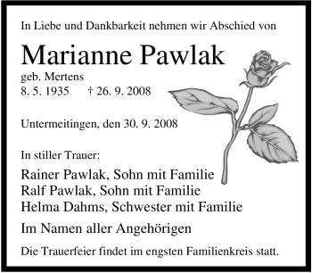 Traueranzeige von Marianne Pawlak von Tageszeitung