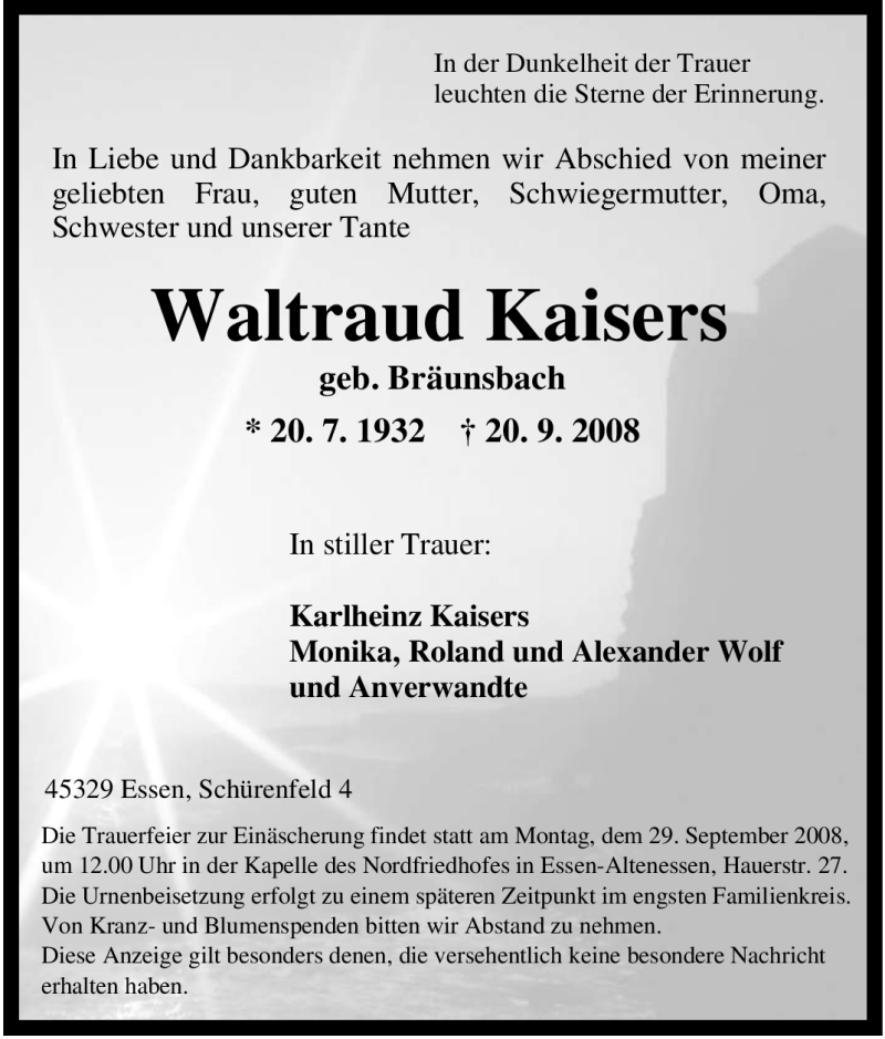  Traueranzeige für Waltraud Kaisers vom 24.09.2008 aus Tageszeitung