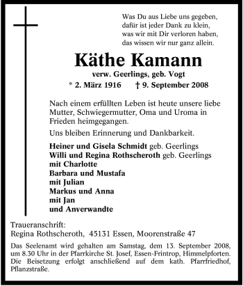 Traueranzeige von Käthe Kamann von Tageszeitung