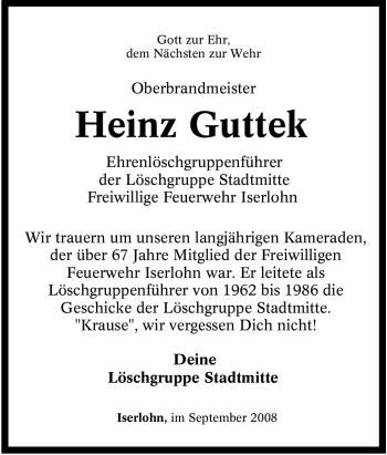 Traueranzeige von Heinz Guttek von Tageszeitung