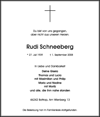 Traueranzeige von Rudi Schneeberg von Tageszeitung