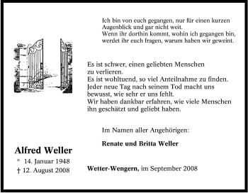Traueranzeige von Alfred Weller von Tageszeitung