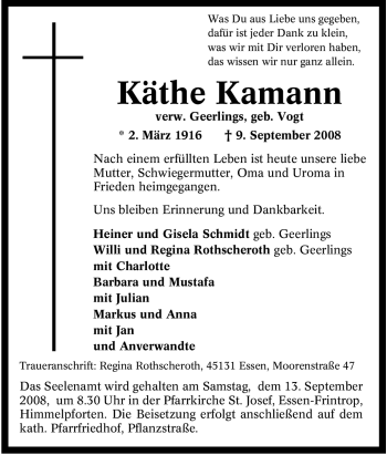 Traueranzeige von Käthe Kamann von Tageszeitung