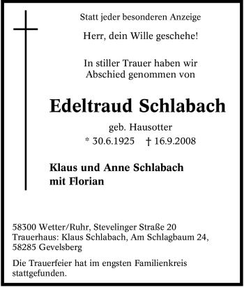 Traueranzeige von Edeltraud Schlabach von Tageszeitung