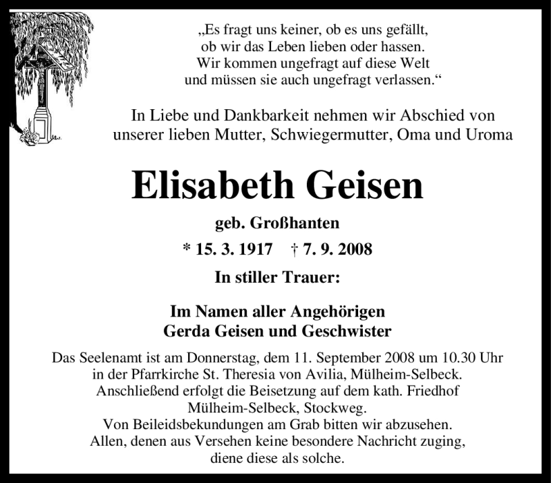 Traueranzeigen von Elisabeth Geisen | Trauer-in-NRW.de