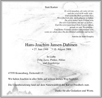 Traueranzeige von Hans-Joachim Jansen-Dahmen von Tageszeitung