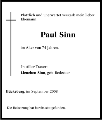 Traueranzeige von Paul Sinn von Tageszeitung