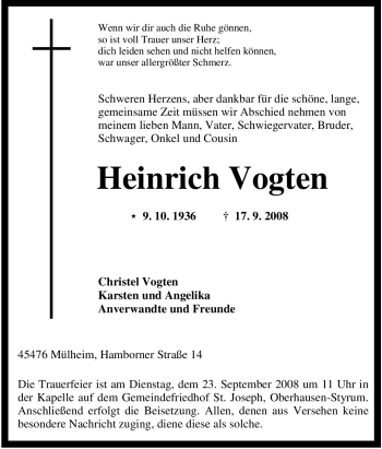 Traueranzeige von Heinrich Vogten von Tageszeitung