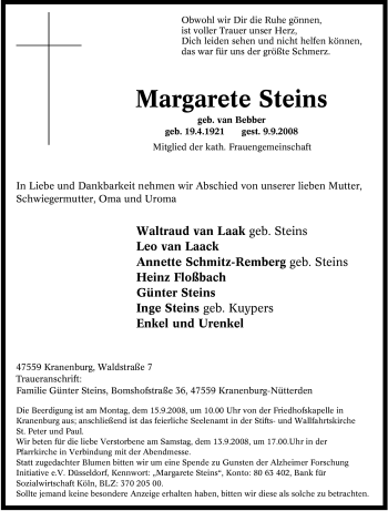 Traueranzeige von Margarete Steins von Tageszeitung