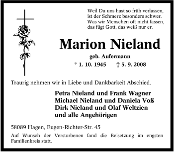 Traueranzeige von Marion Nieland von Tageszeitung