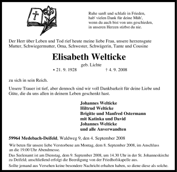 Traueranzeige von Elisabeth Welticke von Tageszeitung