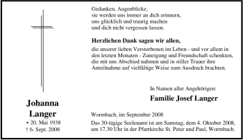 Traueranzeige von Johanna Langer von Tageszeitung