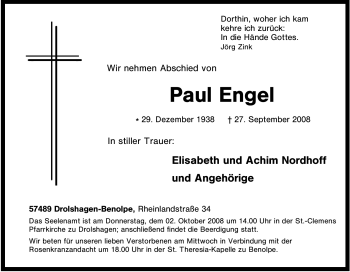 Traueranzeige von Paul Engel von Tageszeitung