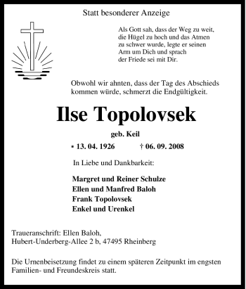 Traueranzeige von Ilse Topolovsek von Tageszeitung