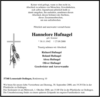 Traueranzeige von Hannelore Hufnagel von Tageszeitung