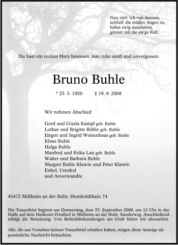 Traueranzeigen von Bruno Buhle TrauerinNRW.de