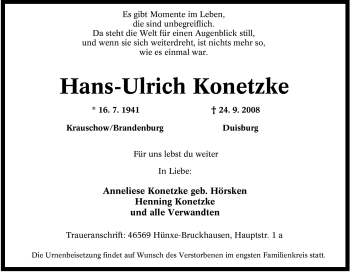 Traueranzeige von Hans-Ulrich Konetzke von Tageszeitung