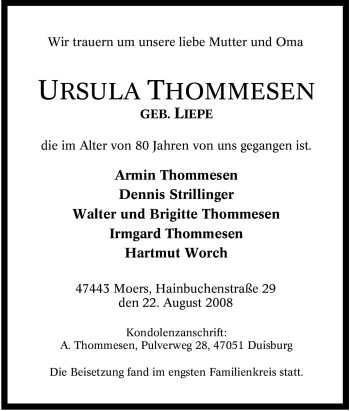 Traueranzeige von URSULA THOMMESEN von Tageszeitung