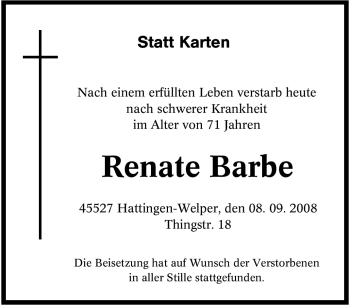Traueranzeige von Renate Barbe von Tageszeitung