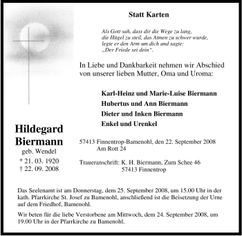 Traueranzeige von Hildegard Biermann von Tageszeitung